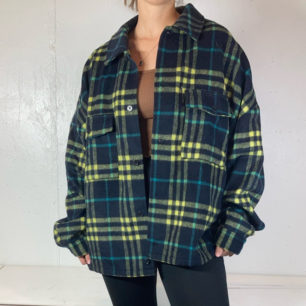 Navy + Yellow Brushed Wool Style Button Down Plaid Coat